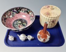 A tray containing assorted ceramics including Japanese Kutani bud vase (height 18cm),