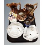 A tray containing antique ceramics including copper lustre jug, Staffordshire figure,