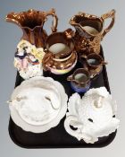 A tray containing antique ceramics including copper lustre jug, Staffordshire figure,