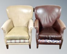 Two armchairs in studded brown and beige vinyl