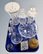 A tray containing glassware including lead crystal vases, bowl, candlestick, wine carafe with glass,