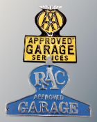Two aluminium wall plaques, RAC Approved Garage and AA Approved Garage Services.