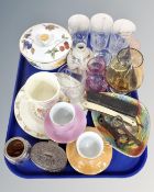 A tray containing vintage etched beakers, a Caithness glass vase, vintage bottle openers, tea china,