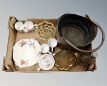 A box of assorted ceramics, 19th century copper swing-handled coal bucket,