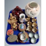 A tray containing Oriental ceramics and figures.