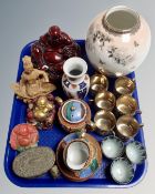 A tray containing Oriental ceramics and figures.