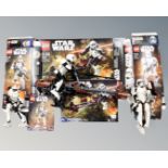 Three Lego Star Wars buildable figures, 75108 Clone Commander Cody, 75114 First Order Storm Trooper,