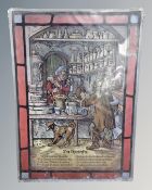 A vintage stained leaded glass panel depicting an apothecary