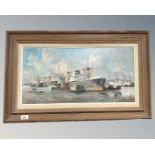 J. Verddenik : Boats in a Port, oil on canvas, 60cm by 30cm.