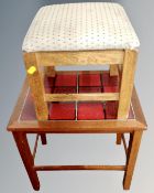 A 20th century Danish tiled occasional table together with an oak fabric footstool