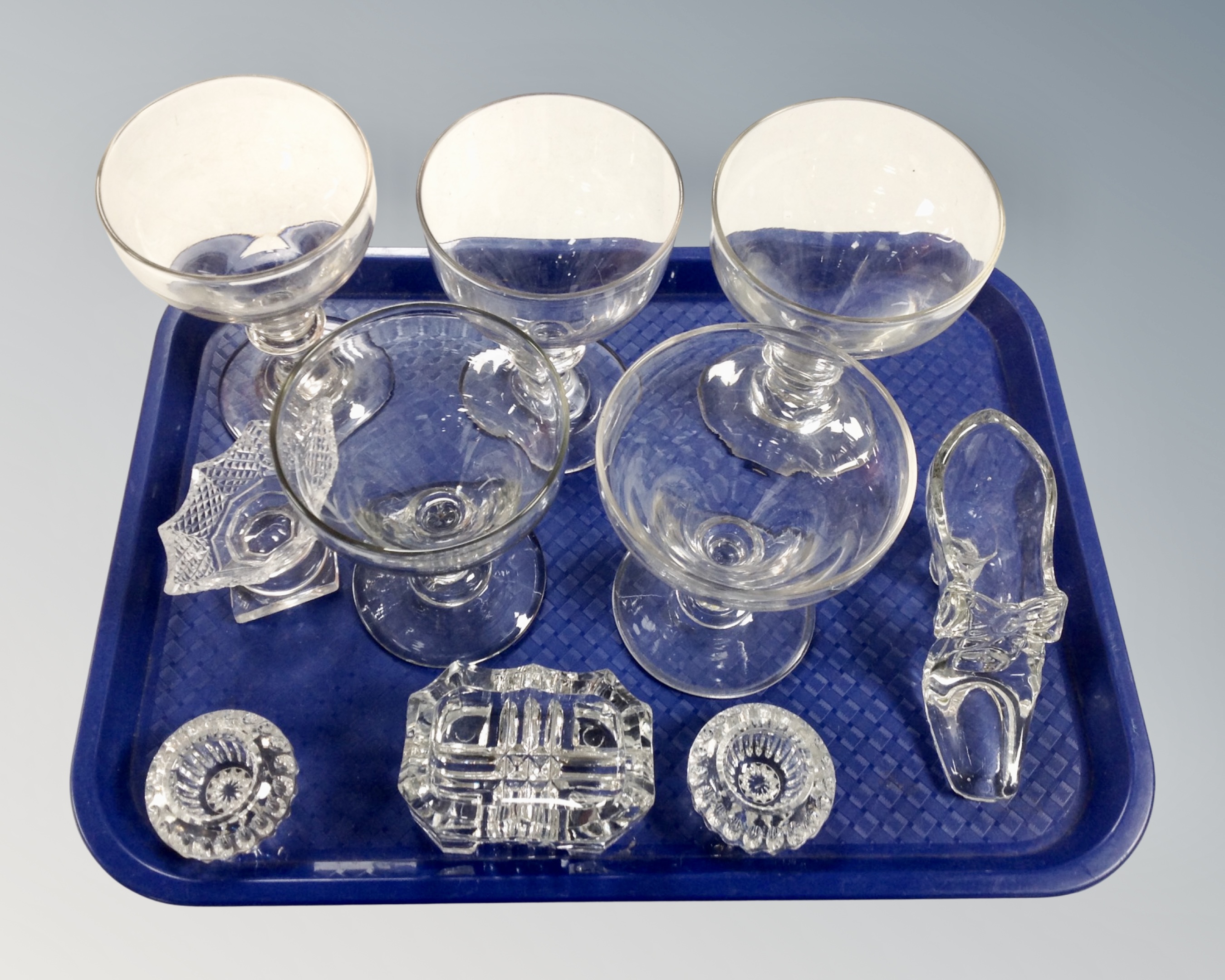 A tray containing 10 pieces of 19th century and later glassware including salts,