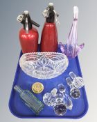 A tray containing assorted glassware including decanter stoppers, an Edinburgh Symington & Co.
