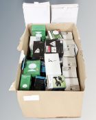 A box containing a quantity of boxed PIR sensors and downlights, various makes.