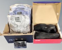 A box of pair of hi tech trainers size 9, boxed, together with four M&S shirts collar 17",