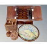 A box containing Victorian style desktop correspondence box, an Eastern wooden desk stand,