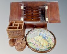 A box containing Victorian style desktop correspondence box, an Eastern wooden desk stand,