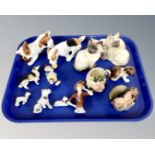 A tray containing ceramic ornaments including Royal Doulton Terriers and Persian cats, kitten,
