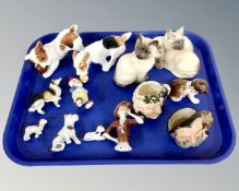 A tray containing ceramic ornaments including Royal Doulton Terriers and Persian cats, kitten,