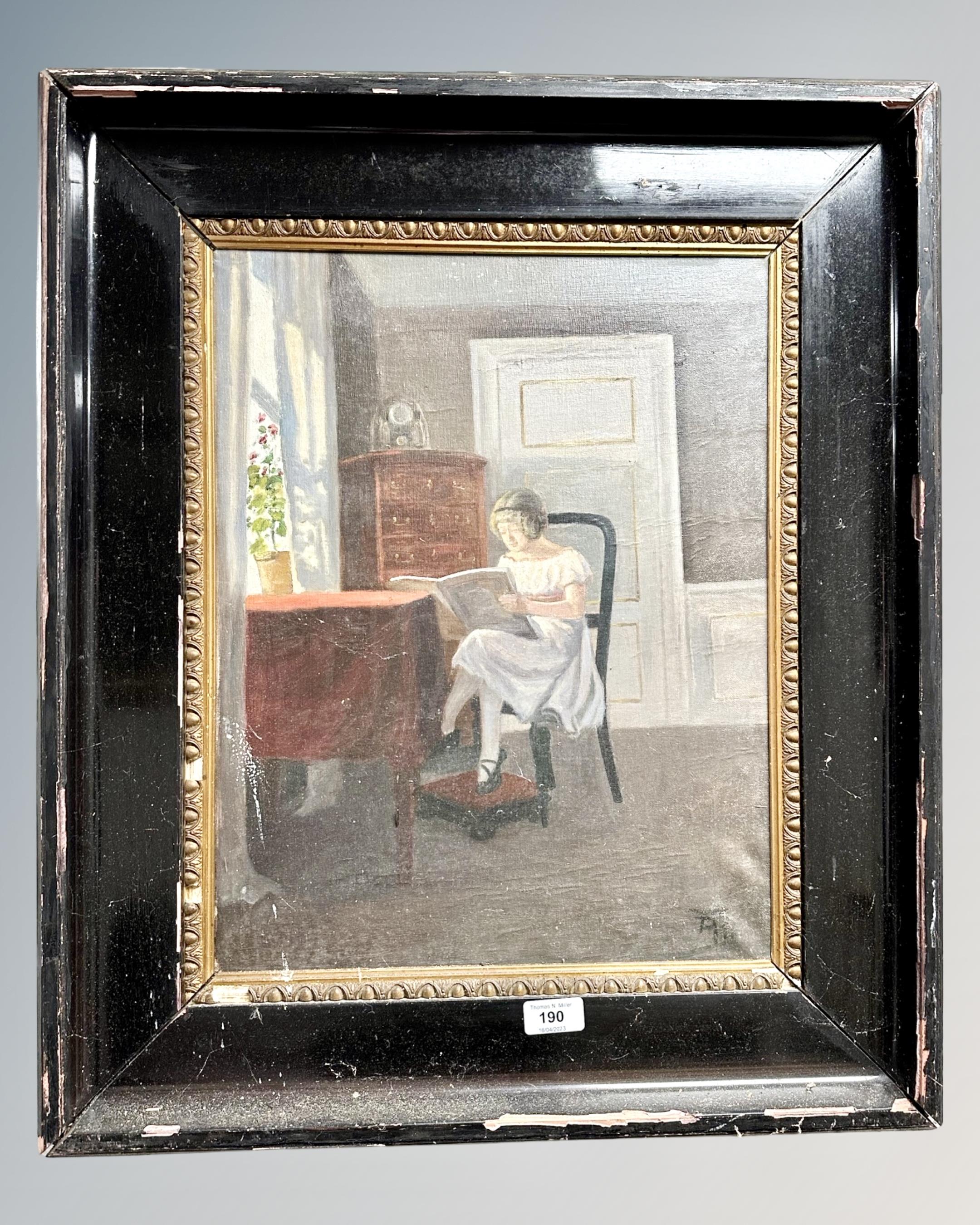 Continental School : Study of a Lady Reading, oil on canvas, 36cm by 46cm.