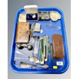 A tray of vintage spectacles, fountain pen, propelling pencils, opera glasses,