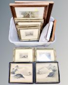 A box containing antique and later pictures and prints, colour etchings, scenes of Northumberland,