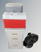 A metal three drawer filing chest together with an Helix document box, both with keys,