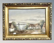 Jon Madsen : Thatched cottages by a lake, oil on canvas,