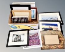 A box of assorted framed pictures, photographs, scenes of Northumberland, picture frame,