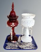 Two Victorian glass table lustres with crystal droplets (af)