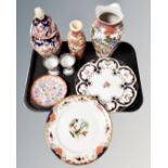A tray of antique and later English plates, egg cups, Oriental vases,