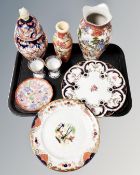 A tray of antique and later English plates, egg cups, Oriental vases,