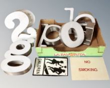 A box of illuminated shop letters and numbers together with a hand painted wooden No Smoking sign,