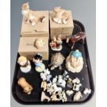 A tray of Wade whimsies, Beswick terrier figure, Hummel figure,