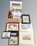 A box of assorted pictures and prints, woodcut The trial of St.