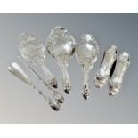 A Edwardian seven-piece silver dressing table set comprising of two pairs of brushes, hand mirror,