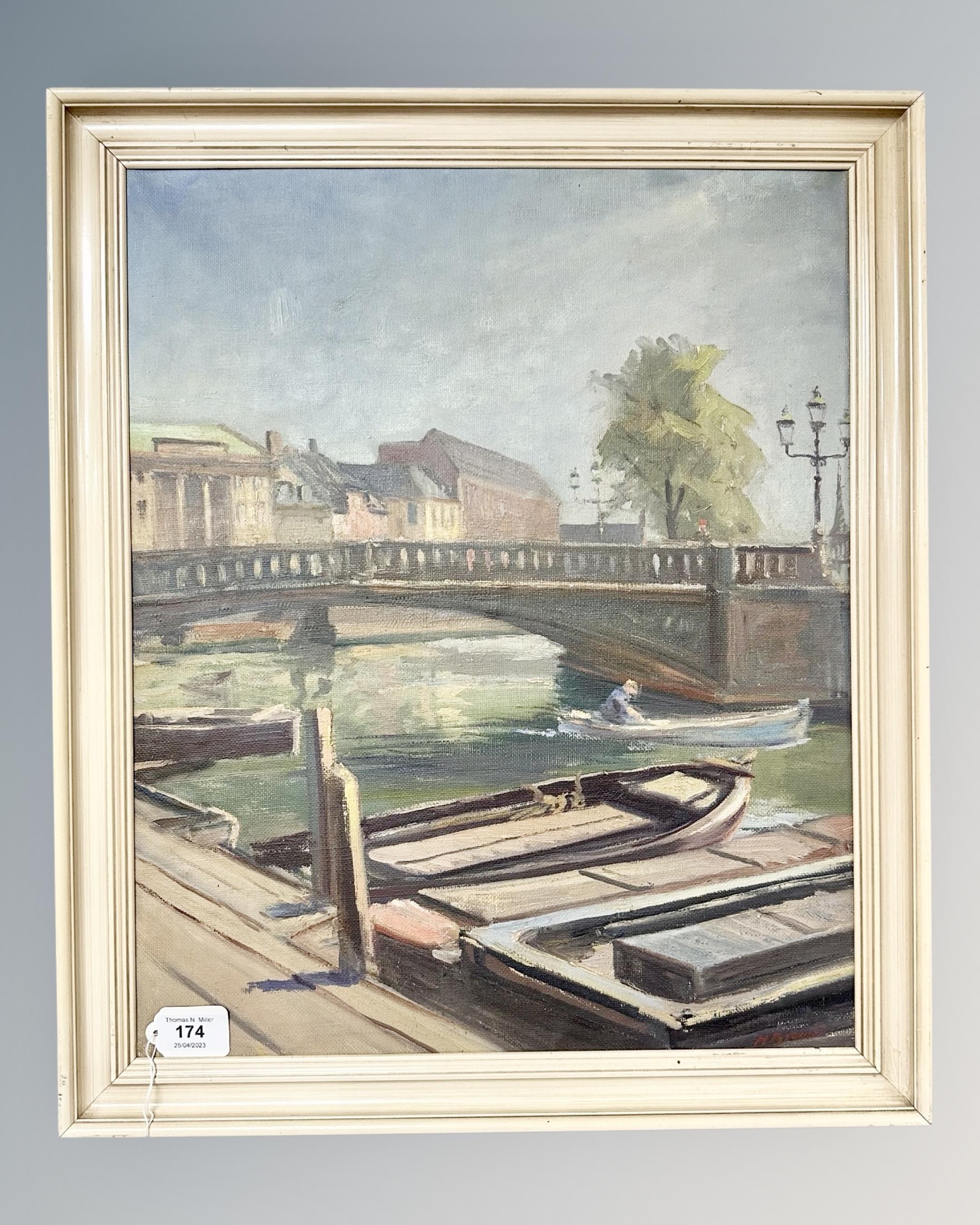 Continental School : Boats on a canal with bridge, oil on canvas, 49 cm x 40 cm,