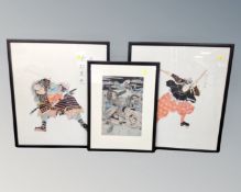 Three Japanese prints depicting Samurai and an RAF montage (4)