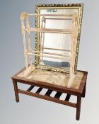 A 20th century tiled coffee table together with a pine towel rail and gilt framed mirror