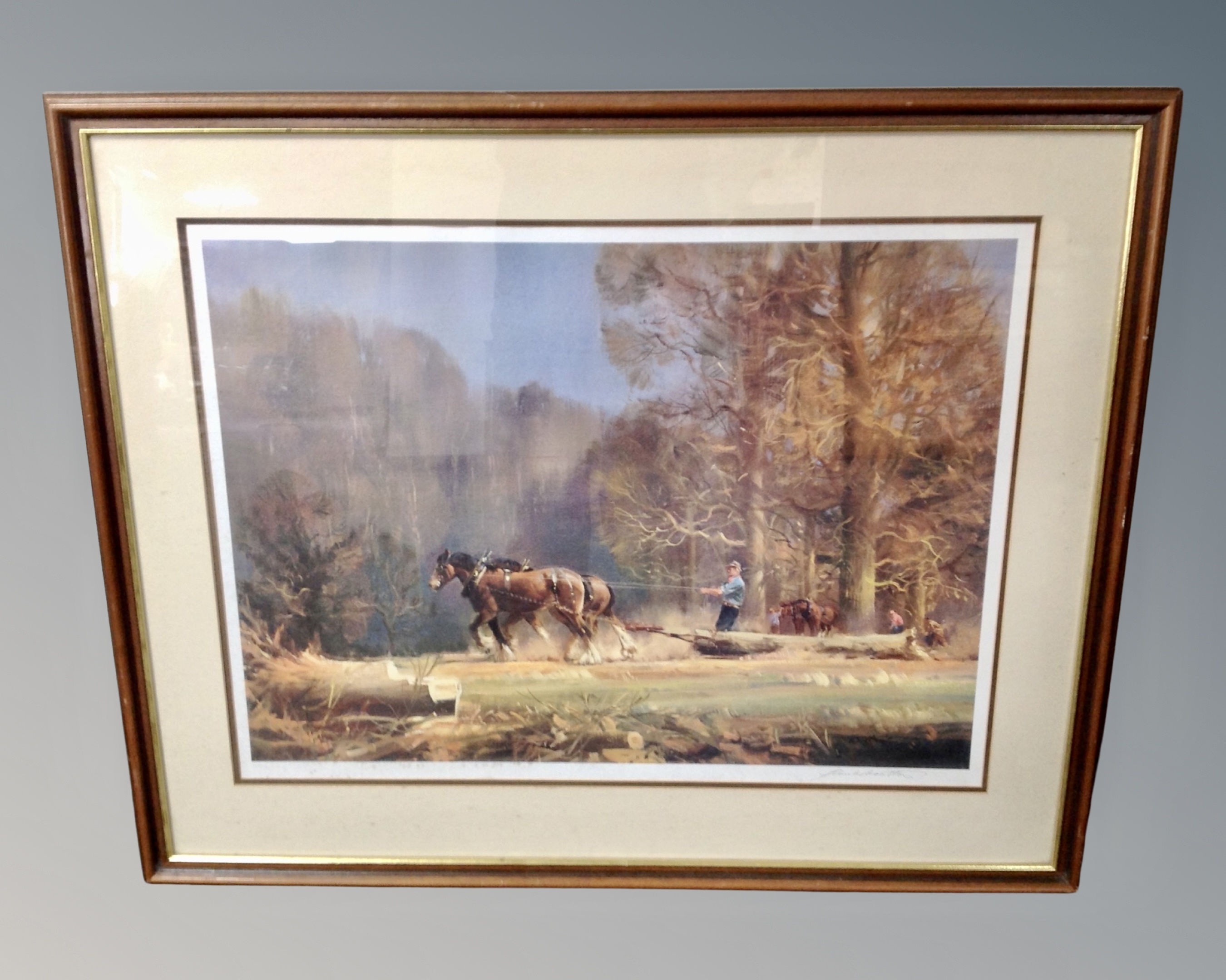 After Frank Wootton : Skidding Logs From the Forest, colour print,