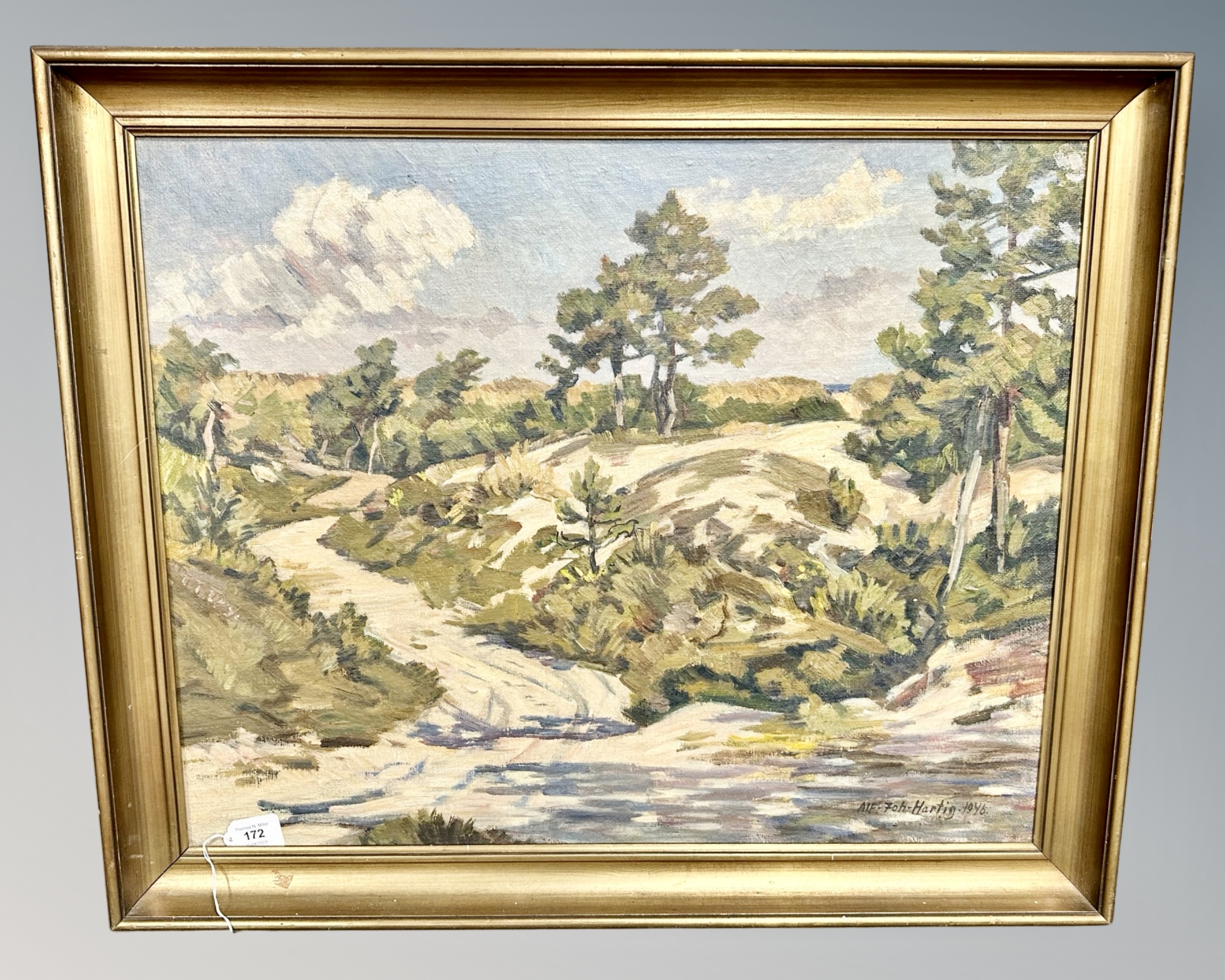 Continental School : A path through sand dunes, oil on canvas, 66 cm x 53 cm, signed Hartig,