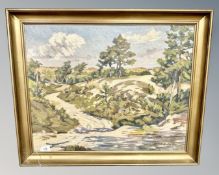 Continental School : A path through sand dunes, oil on canvas, 66 cm x 53 cm, signed Hartig,