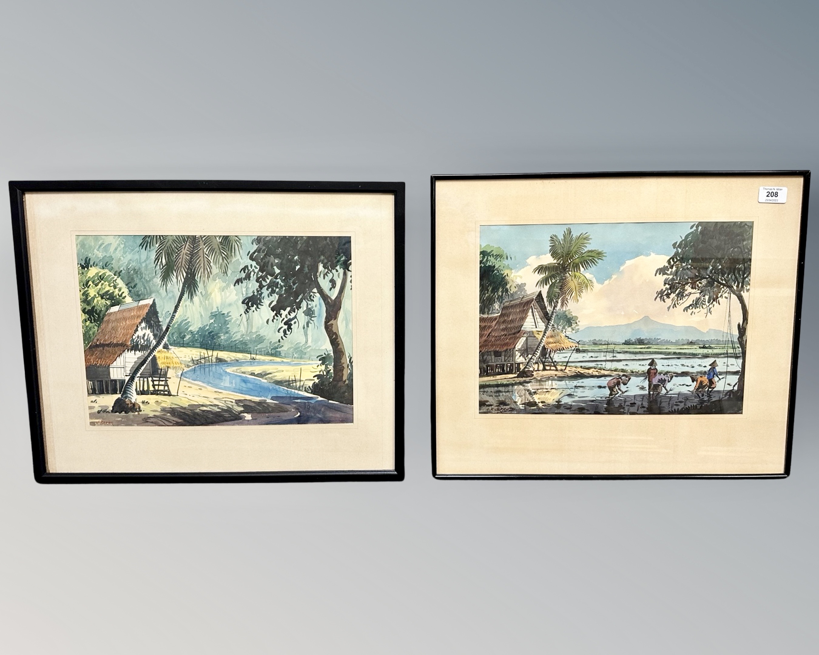 Abu Bakar Ibrahim (Malaysian, 1925-1977) Two Malaysian village scenes, watercolours, each 37.
