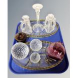 A tray of 1930's glass dressing table pieces, glass bauble,