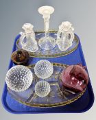 A tray of 1930's glass dressing table pieces, glass bauble,
