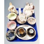 A tray of assorted ceramics including Maling dishes, Coalport Lady's of Fashion figure,