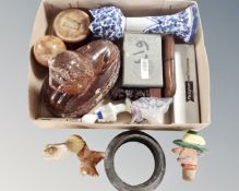 A tray of collector's items including antique saltglazed lion door stop, lighters,