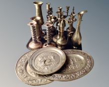 A tray of Eastern brass teapots, pair of candlesticks,