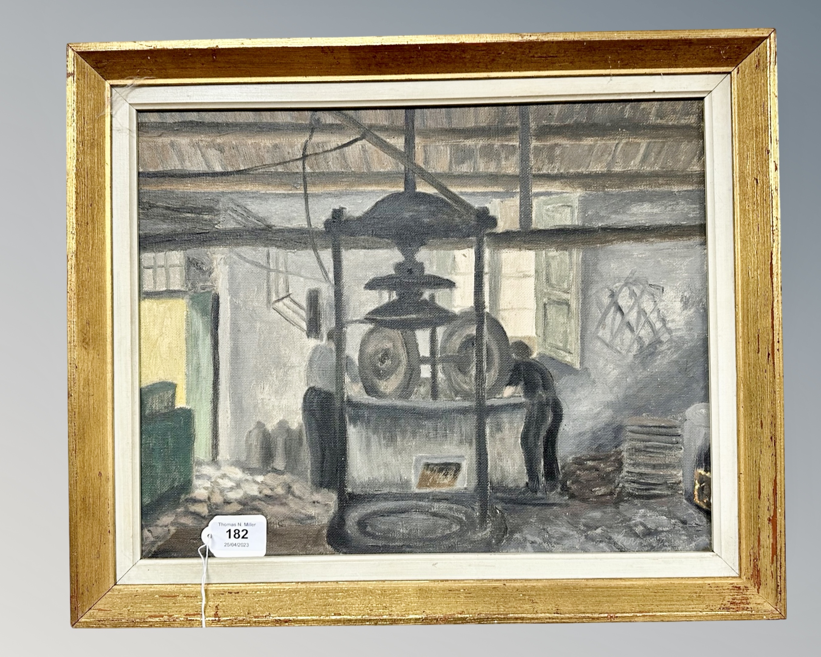 Continental School : Two figures working in a mill, oil on canvas,