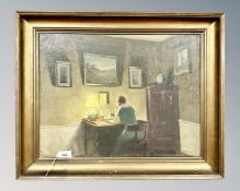 D K Holst : A lady at a writing desk, oil on canvas, 48 cm x 36 cm, signed, dated '31.