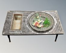 A mid 20th century Scandinavian mosaic tiled coffee table with inset metal trough and water feature